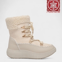 Топли дамски боти с пухкав хастар и връзки W210136 Beige