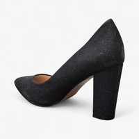 Официални дамски обувки с блясък на дебел ток - Черен брокат | 608-A5 black