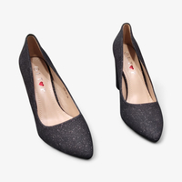 Официални дамски обувки с блясък на дебел ток - Черен брокат | 608-A5 black