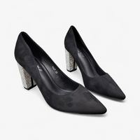 Дамски обувки на ток с камъни - Черен велур и бляскав акцент | T627 black