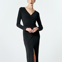 Front-gathered midi dress in black