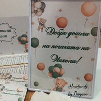 Постер в рамка за '' Добре дошли '' - '' Мече със зелени балони ''