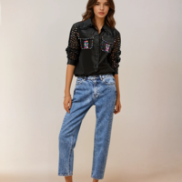 White Shirt with Lace and Embroidered Stones - black