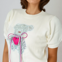 Fine Knit Sweater with Bear Embroidery and Decorative Details