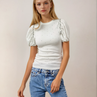 Shining' T-shirt with Puff Sleeves and Rhinestones - white