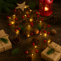 Светеща коледна украса с LED светлини шишарки и борови клонки