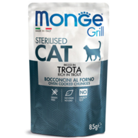 Monge Grill Sterilised с пъстърва – пауч с хапки в желе – за кастрирани котки в зряла възраст, 85гр