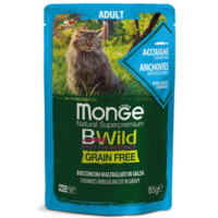 Monge BWILD Grain Free Adult с аншоа и зеленчуци – пауч с хапки в сос, без зърнени храни – за котки в зряла възраст. 85гр