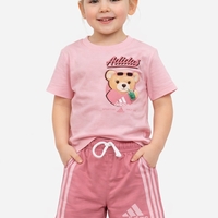 Розов летен комплект с мече за момиче – тениска и къси панталонки