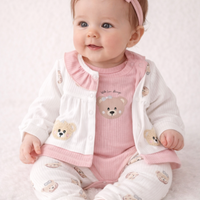 Бебешки комплект за момиче с мече – боди, панталон и жилетка