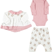 Бебешки комплект за момиче с мече – боди, панталон и жилетка