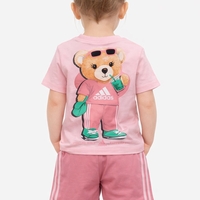 Розов летен комплект с мече за момиче – тениска и къси панталонки