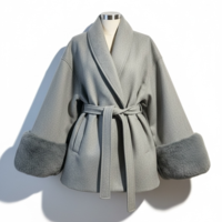 Grey Luxe – елегантно късо палто с колан и пухкави маншети