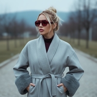 Grey Luxe – елегантно късо палто с колан и пухкави маншети