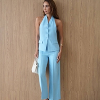 Back Charm Blue -  Костюм от елек с гол гръб и широк панталон