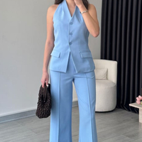 “Back Charm” Blue -  Костюм от елек с гол гръб и широк панталон