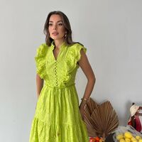 Дълга рокля с английска бродерия - Лайм