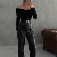 Кожен панталон High Rise Flare с колан Black