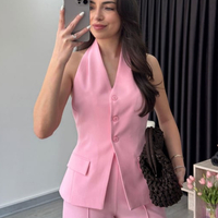 “Back Charm” Pink- Костюм от елек с гол гръб и широк панталон