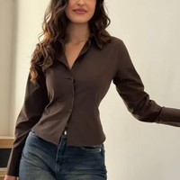 Риза с подчертан силует и връзки на талията - Brown