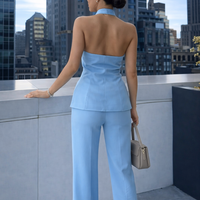 Back Charm Blue -  Костюм от елек с гол гръб и широк панталон