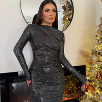 Дълга блестяща рокля по тялото с дълъг ръкав – графит