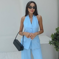 Back Charm Blue -  Костюм от елек с гол гръб и широк панталон