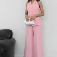 “Back Charm” Pink- Костюм от елек с гол гръб и широк панталон