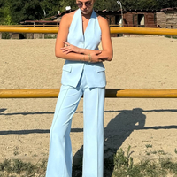 “Back Charm” Blue -  Костюм от елек с гол гръб и широк панталон