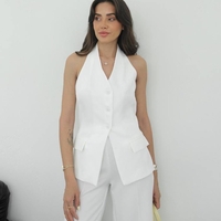 “Back Charm” white-  Костюм от елек с гол гръб и широк панталон