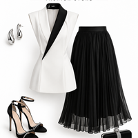 “ Black & White”  -  Elegance Dress - Елегантна рокля с контрастна яка и шифонена пола