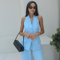 “Back Charm” Blue -  Костюм от елек с гол гръб и широк панталон