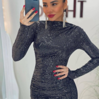 Дълга блестяща рокля по тялото с дълъг ръкав – графит