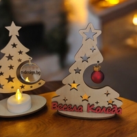 Дървена елха със стойка , висулка и 3Д надпис