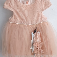 Рокля с дантела и тюл в нежен прасковен нюанс