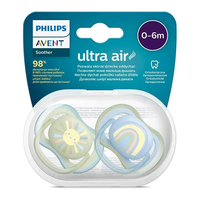 Комплект от 2 бр. ортодонтични залъгалки Philips AVENT SCF085/58 Ultra Air 0-6м, сини с декорация Слънце и Дъга, в кутия за стерилизиране