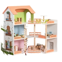 Дървена къща за кукли Raya Toys Вила с 3 етажа, с аксесоари