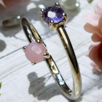 Златен пръстенс Аметист и Розов Кварц