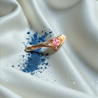 Златен пръстен с розов сaпфир в прегръдка от сърца