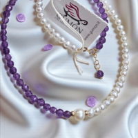 Колие Gumon с естествени перли, естесвен аметист и златни елементи