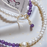 Колие Gumon с естествени перли, естесвен аметист и златни елементи