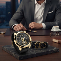 Елегантен мъжки комплект – часовник с черна каишка и гривна с метален щит