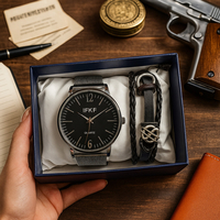 Мъжки комплект – кварцов часовник с метална верижка и стилна гривна в подаръчна кутия