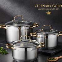 Луксозен комплект тенджери с неръждаема стомана и златисти дръжки