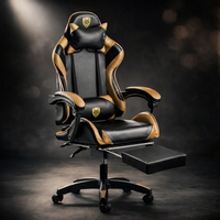 Черен геймърски стол с златисти акценти и разтегляема поставка за крака – луксозен комфорт без компромис