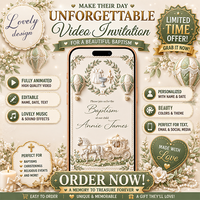 Animated Baptism Video Invitation , Hot Air Balloon & Carriage Christening Digital Invite, Luxury Sage Green Floral Mobile Evite
