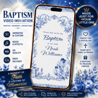Blue Chinoiserie Boy Baptism Video Invitation, Elegant Toile de Jouy Christening Electronic Invite, Digital Smartphone Baptismal Announcement Template