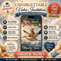 Animated Baby Shower Video Invitation: Cute Teddy Bear & Stork in Pastel Tones – Digital Invite with Music