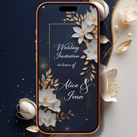 Elegant Navy Blue Digital Wedding Invitation with White Floral Design
