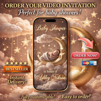 Blush Pink Baby Shower Digital Video Invitation – Sleeping Baby on the Moon, Dreamy Rose Clouds, Elegant Ash Rose Pastel Theme